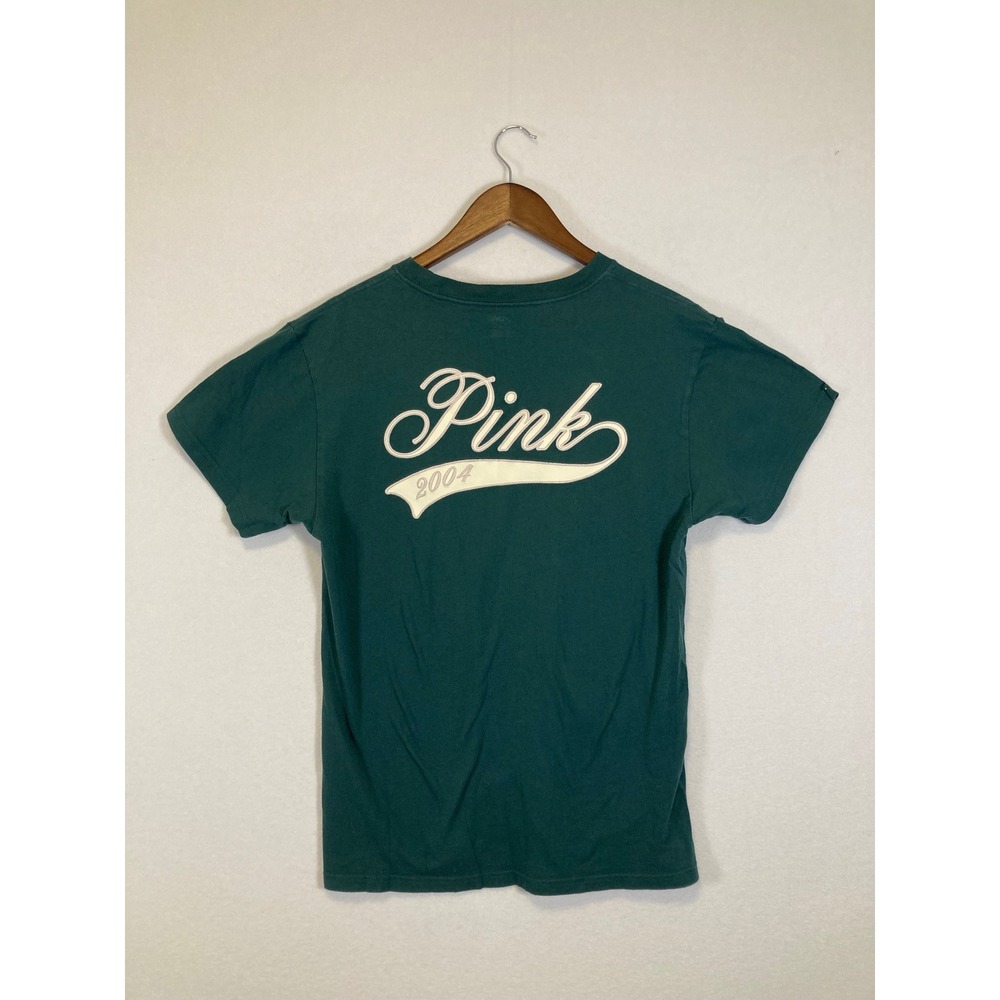PINK Victoria's Secret Graphic T-Shirt Womens XS Green Short Sleeve Back Logo‎